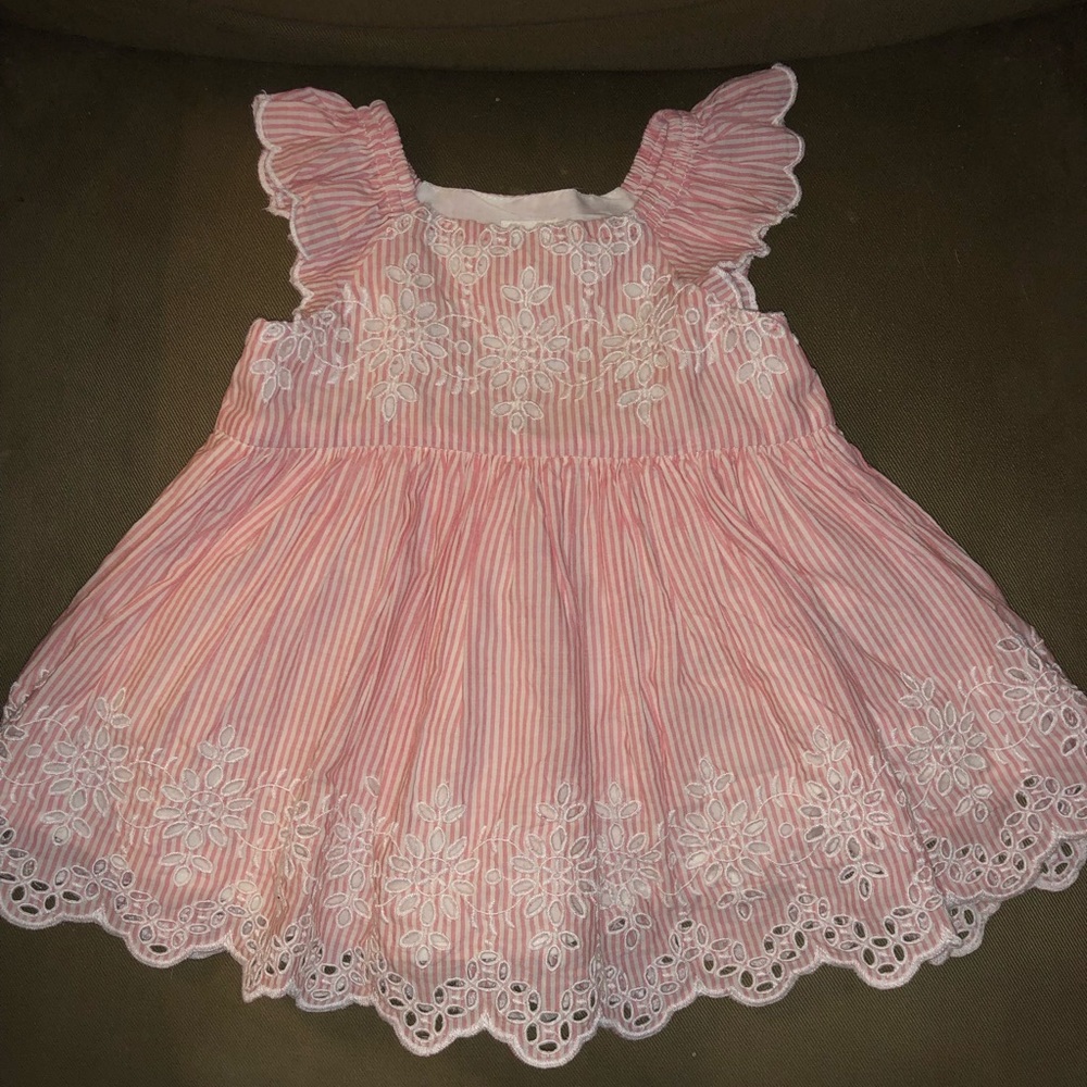 3-6 month pink and white stripe eyelet dress